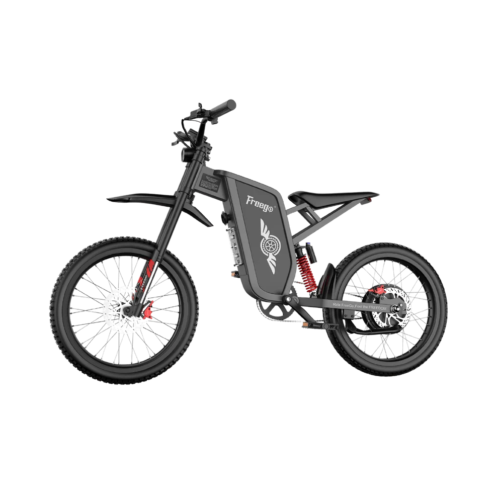 Freego X1 SE electric scooter side view showing black frame, large wheels, and folding mechanism