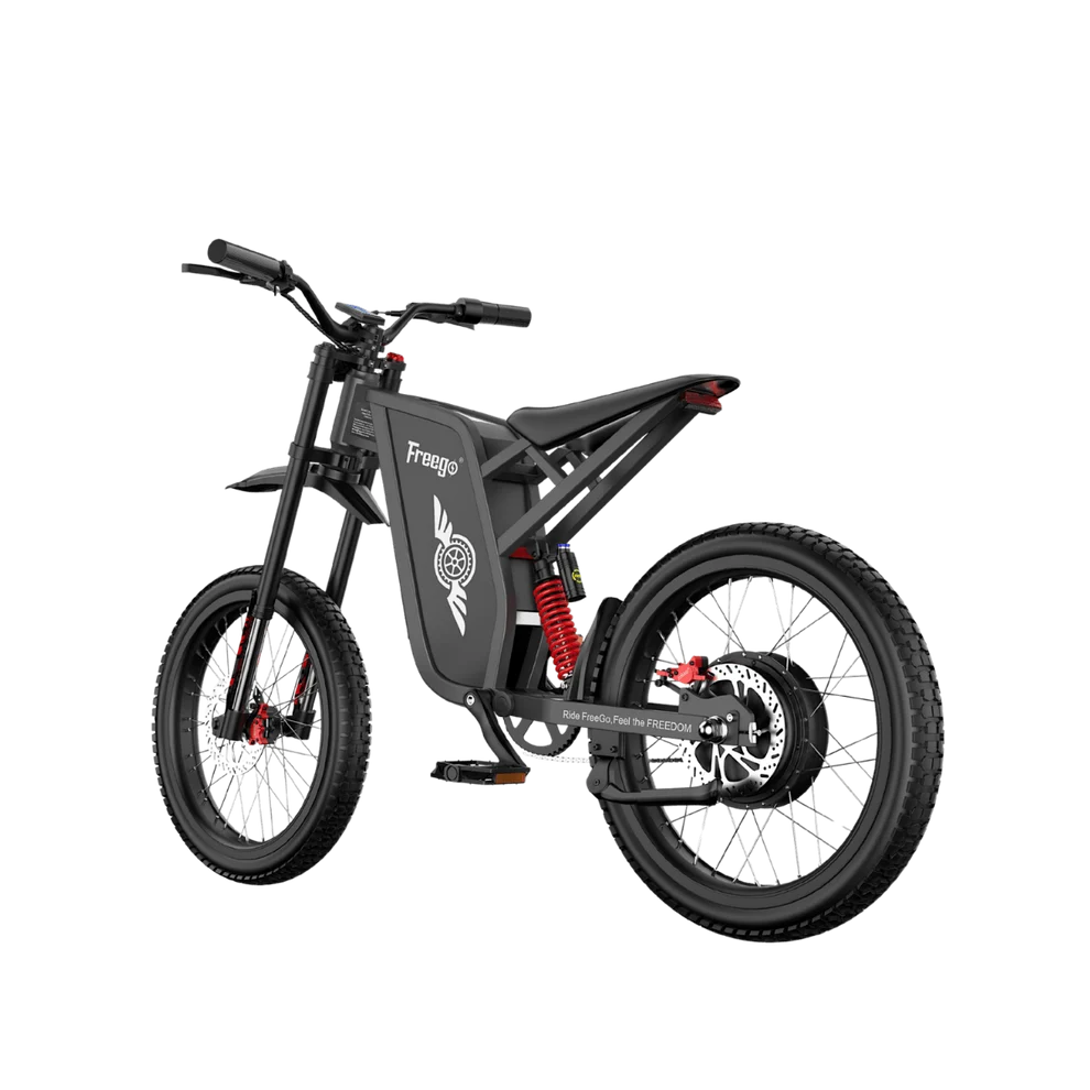 Freego X1 SE electric scooter side view showing black frame, large wheels, and folding mechanism on a white background