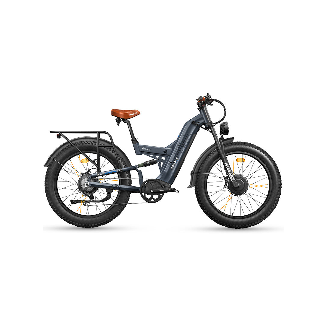 Freesky Warrior Ultra M-530 electric bike in blue-gray color, side view, showcasing its sturdy frame, fat tires, and front suspension.