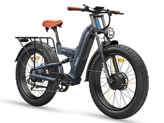 Freesky Warrior Ultra M-530 electric bike in blue-gray color, side view, showcasing sturdy frame, fat tires, and front suspension.