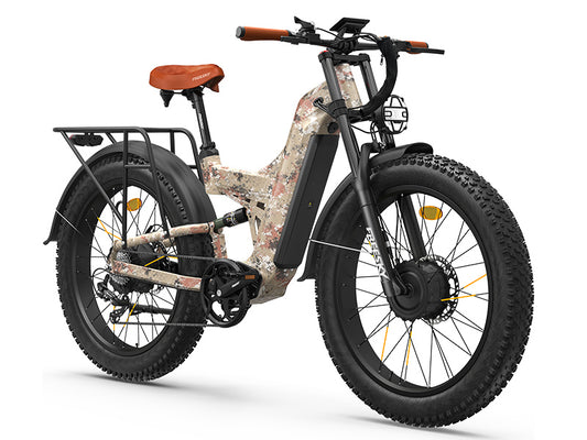 Freesky Warrior Ultra M-530 electric bike in camouflage color, side view, displayed outdoors