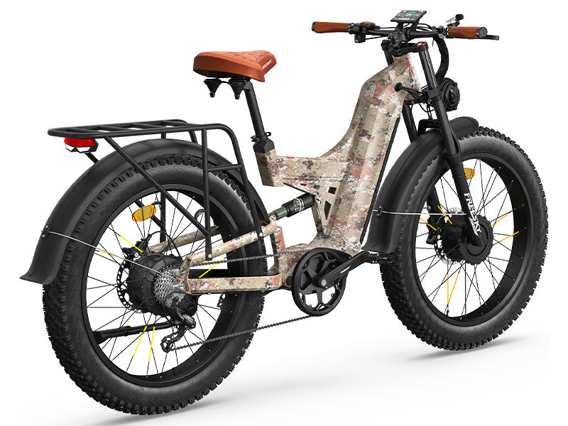 Freesky Warrior Ultra M-530 electric bike in camouflage design, side view, displayed outdoors