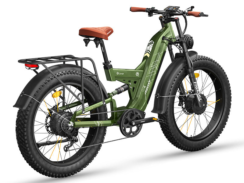 Freesky Warrior Ultra M-530 electric bike in green, side view, showcasing frame, wheels, and battery