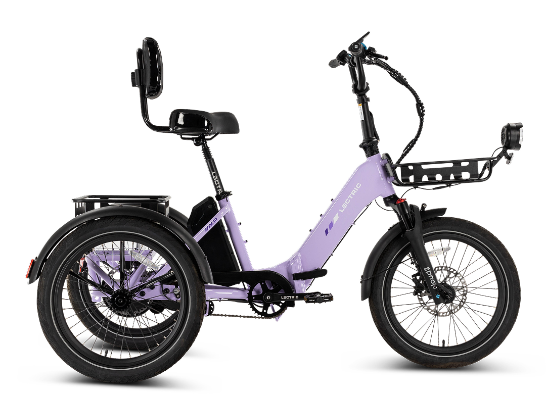 Lectric XP Trike 2 electric tricycle in Lavender Haze color, side view, against a white background
