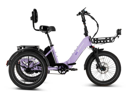 Lectric XP Trike 2 electric tricycle in Lavender Haze color, side view, against a white background