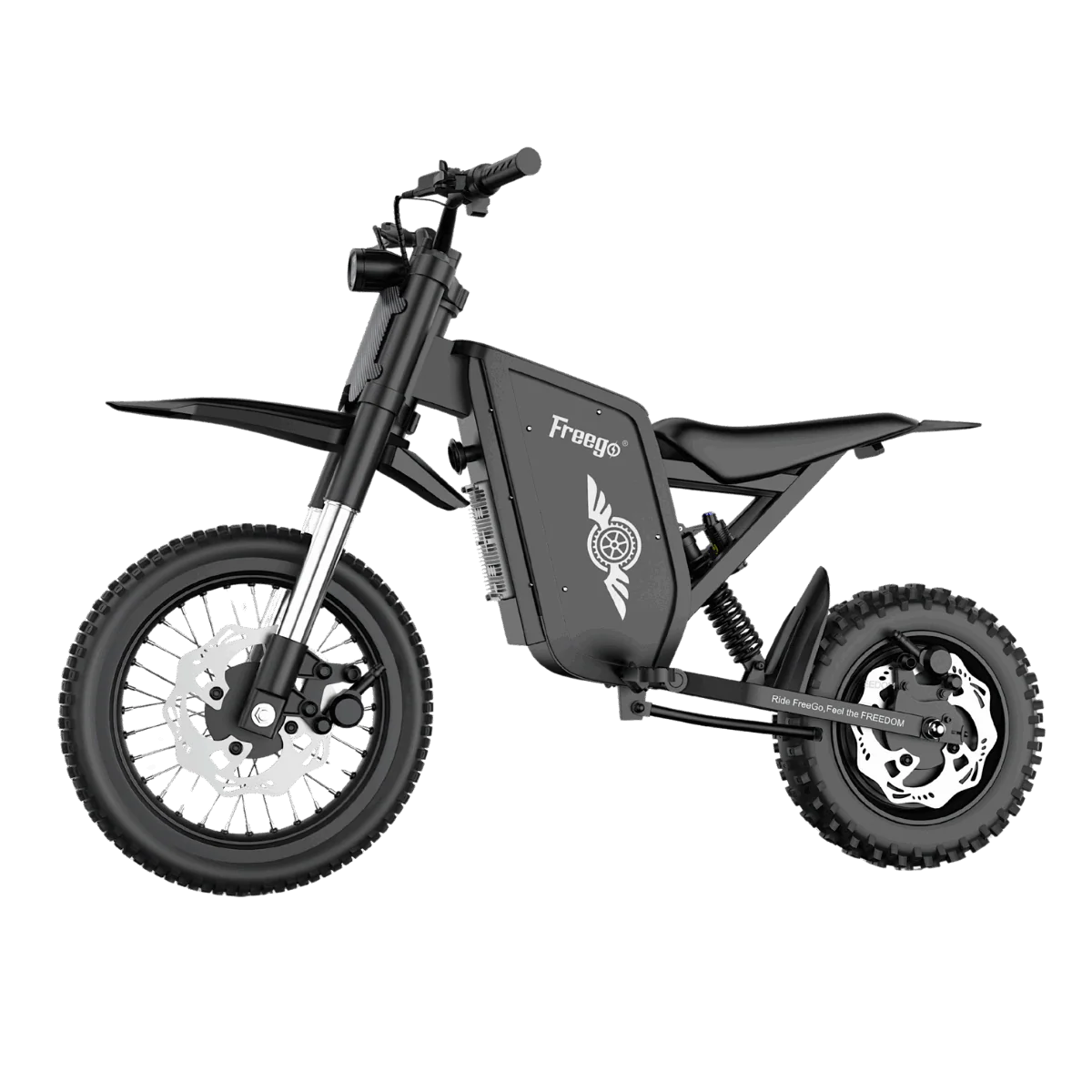 Side view of the eMOTO Freego X0 Electric Mini scooter in black, showing its compact frame, wide tires, and minimalist design against a plain background.