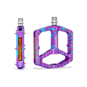 Camouflage purple alloy bicycle pedals, size 17, displayed on a white background.