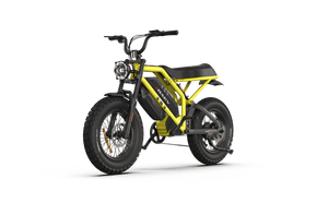 eMOTO RAEV Bullet GTX Emoto eBike, 1500W moto-style electric bike with dual suspension, side view, black frame, thick tires, and modern design