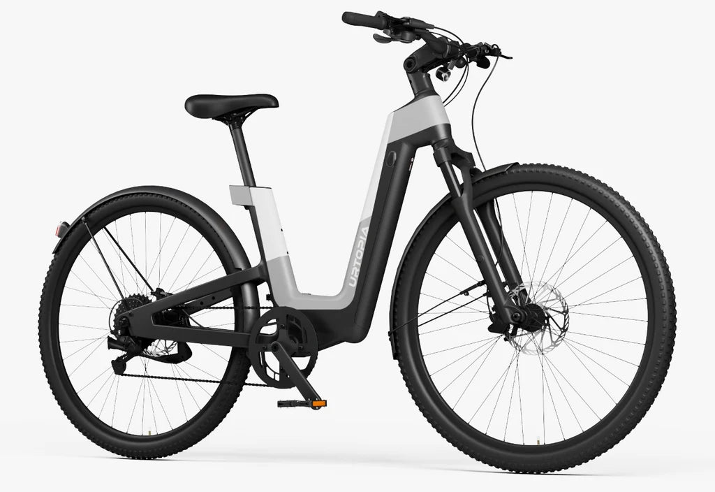 Side view of the Urtopia Carbon Fusion Pro eBike in Elegant Gray, showcasing its sleek frame, integrated battery, and modern design against a plain background.