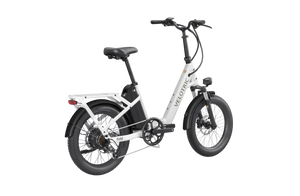 A compact, black Velotric Fold 1 eBike shown folded, highlighting its portable design and sturdy frame.