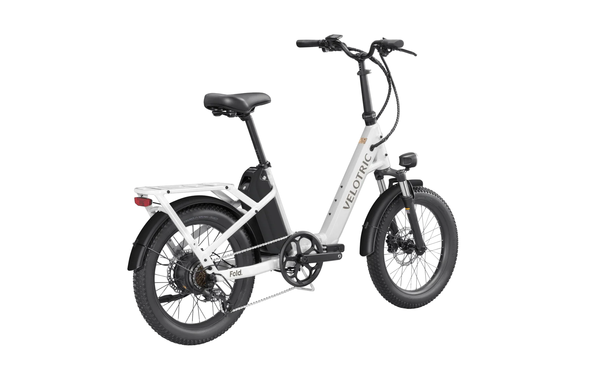 A compact, black Velotric Fold 1 eBike shown folded, highlighting its portable design and sturdy frame.