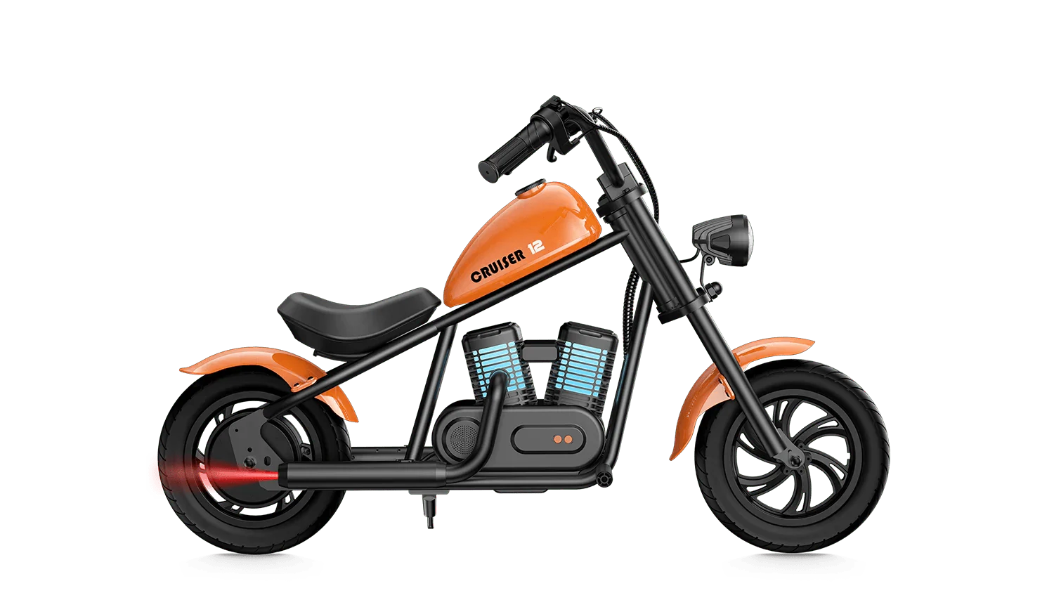 eMOTO Hyper Gogo Cruiser 12 Plus electric bike in orange, shown with and without training wheels, product image, model number 874216