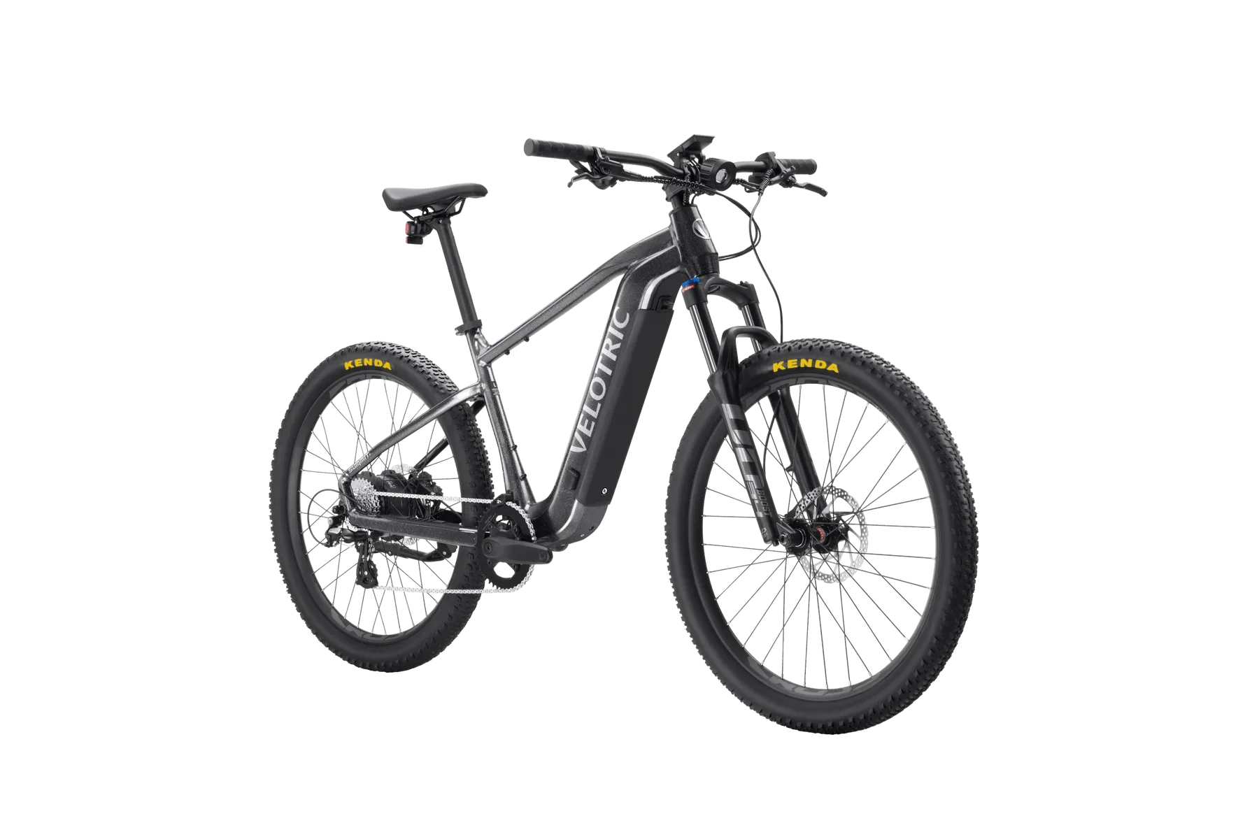 A black Velotric Summit 1 electric mountain bike with thick tires, front suspension fork, and integrated battery, displayed on a white background.