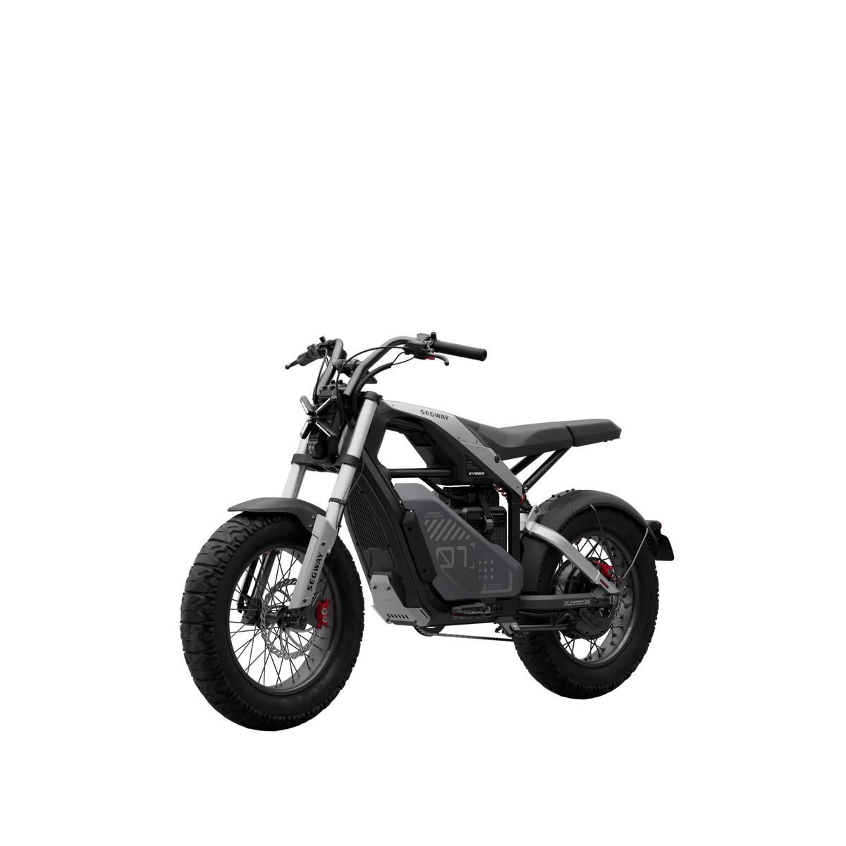 Side view of the eMOTO Segway Xyber electric bike in a studio setting, showcasing its rugged frame, large tires, and modern design features.