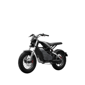 Side view of the eMOTO Segway Xyber electric bike in a studio setting, showcasing its rugged frame, large tires, and modern design features.