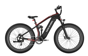 Black and red MOKWHEEL Obsidian 1000W step-over eBike with 26x4 fat tires, electric beach cruiser style, product image.
