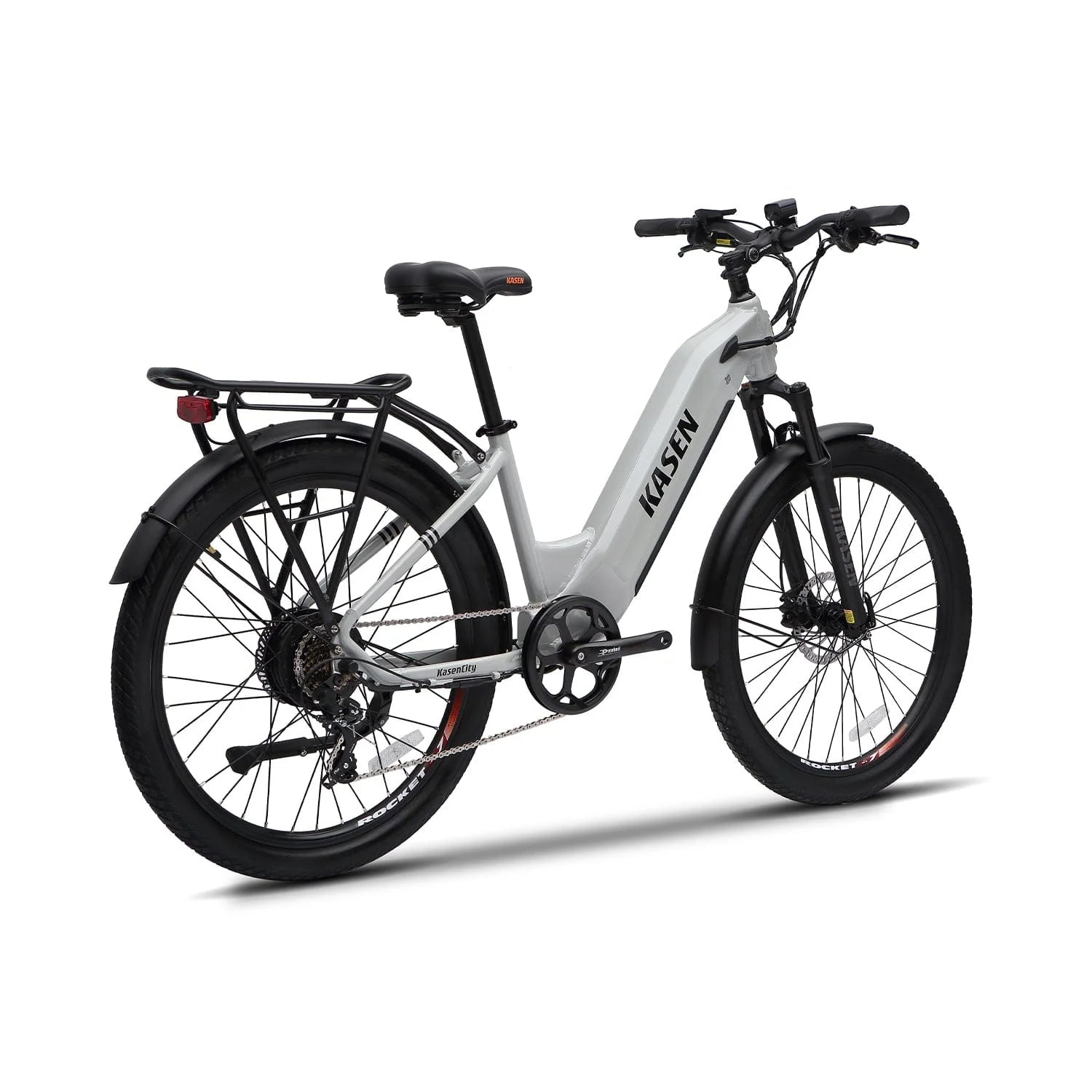 Grey KASEN City 2.0 750W Step-Thru Urban Electric Bike with 27.5x2.4 tires, rear view