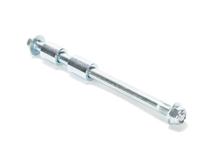 Product image of the eBike EBOX 12mm front wheel axle for EBOX 1 and EBOX 2, showing a metal axle with threaded ends and included hardware.