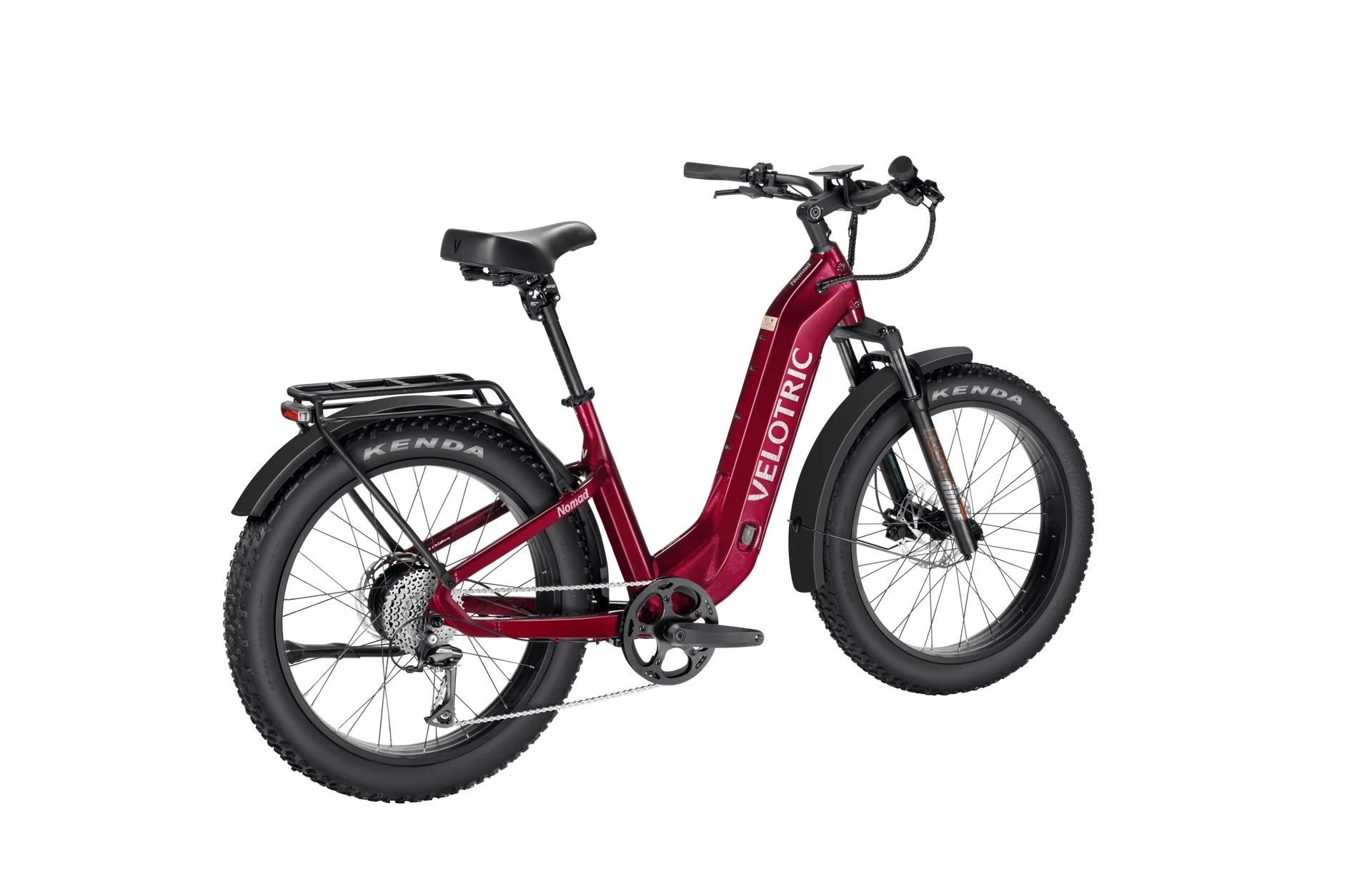 Velotric Nomad 2 electric bike in cranberry red, side view, displayed on a white background