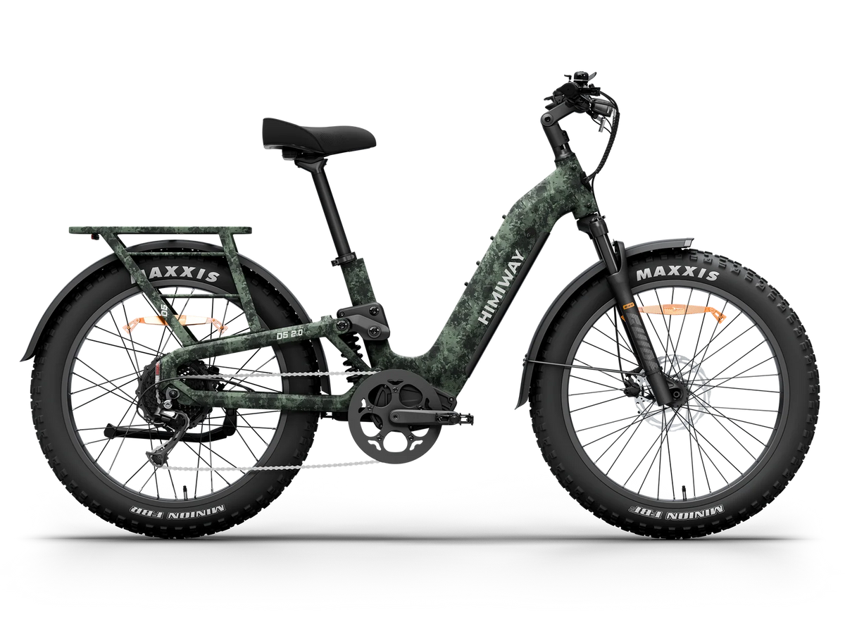 Himiway D5 2.0 electric bike in camouflage color, side view, displayed on a white background.