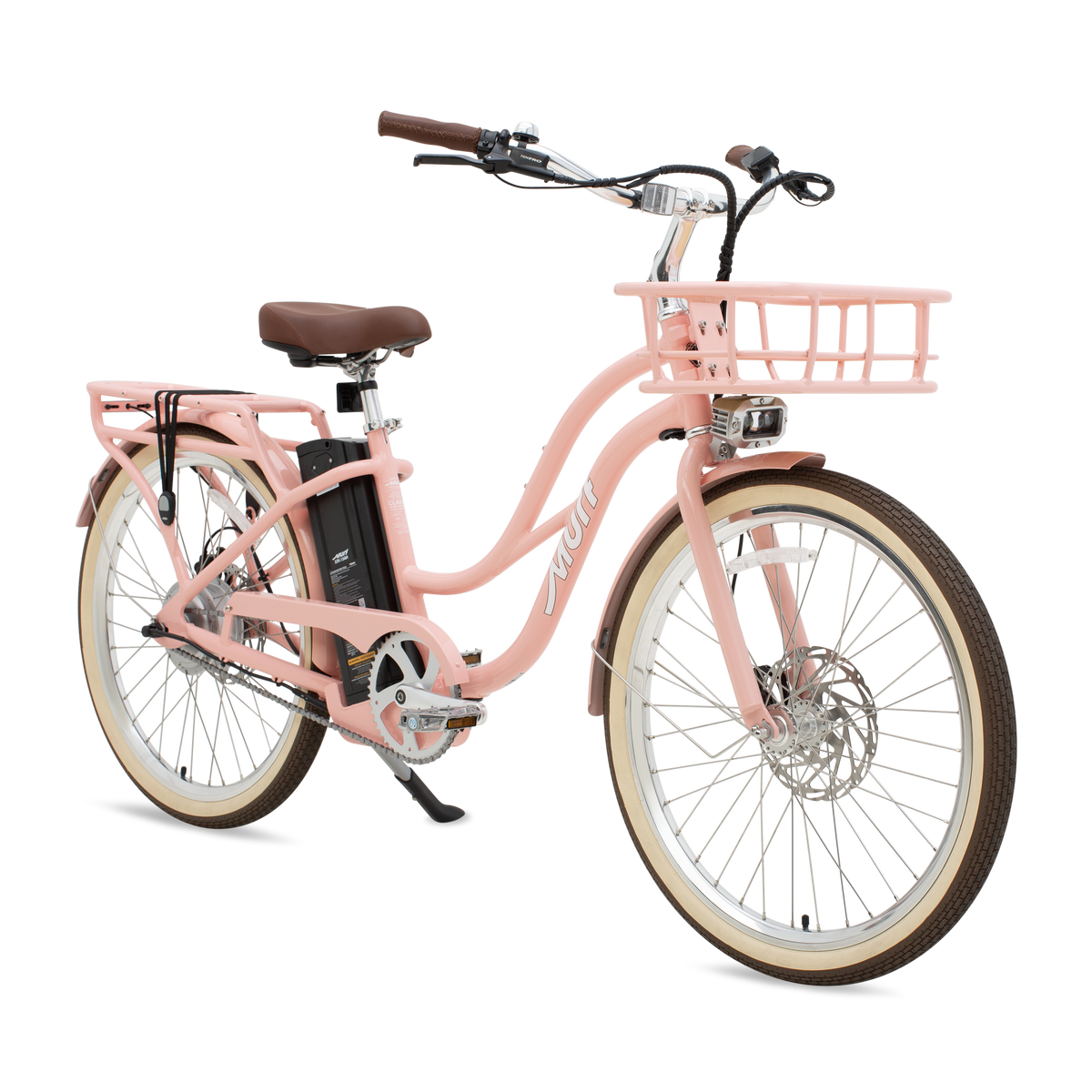 A peach-colored Murf Gigi eBike parked on a sandy beach with the ocean in the background.