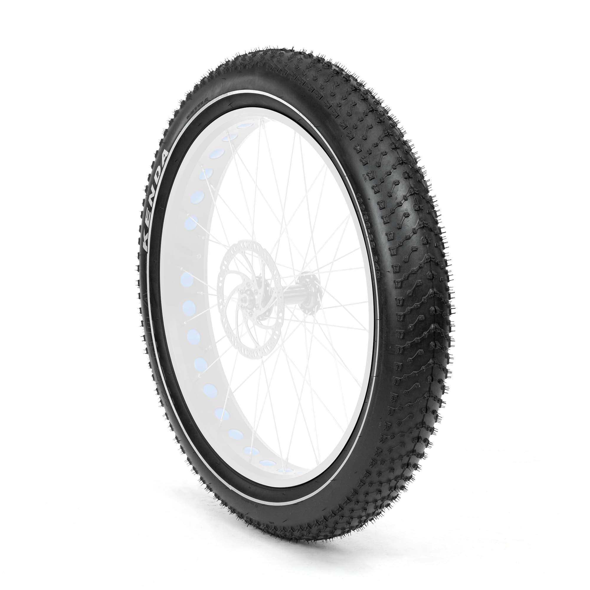 Electric bike with 26x4 inch Kenda Krusade fat tires featuring reflective sidewalls, shown in a product display image.