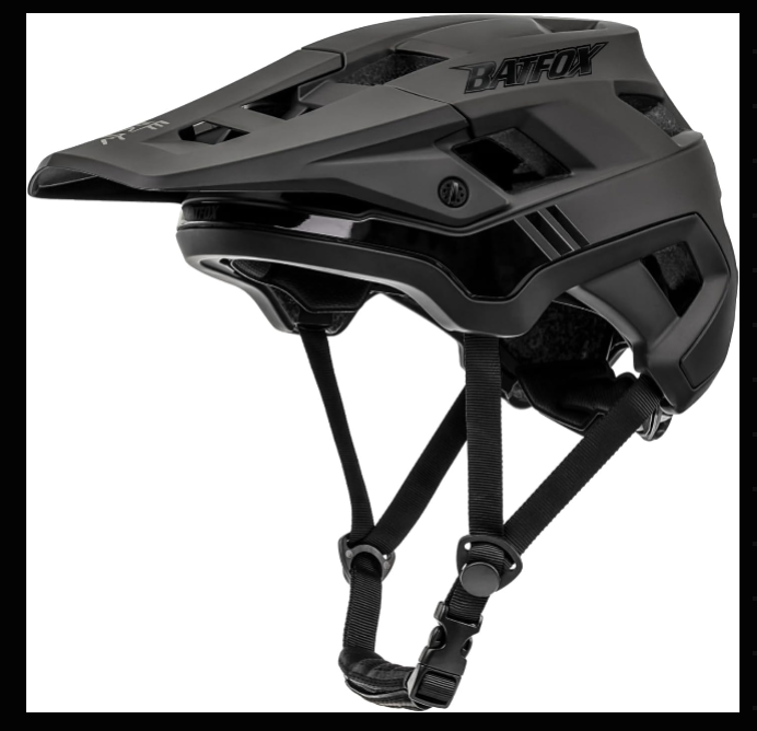 Black Abus eMTB helmet, side view, showcasing sleek aerodynamic design and ventilation slots