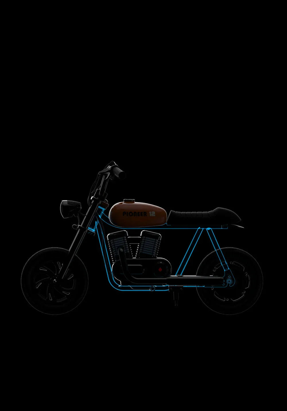Side view of the eMOTO Hyper Gogo Pioneer 12 Plus electric bike in black, showcasing its sturdy frame, thick tires, and handlebar-mounted display.
