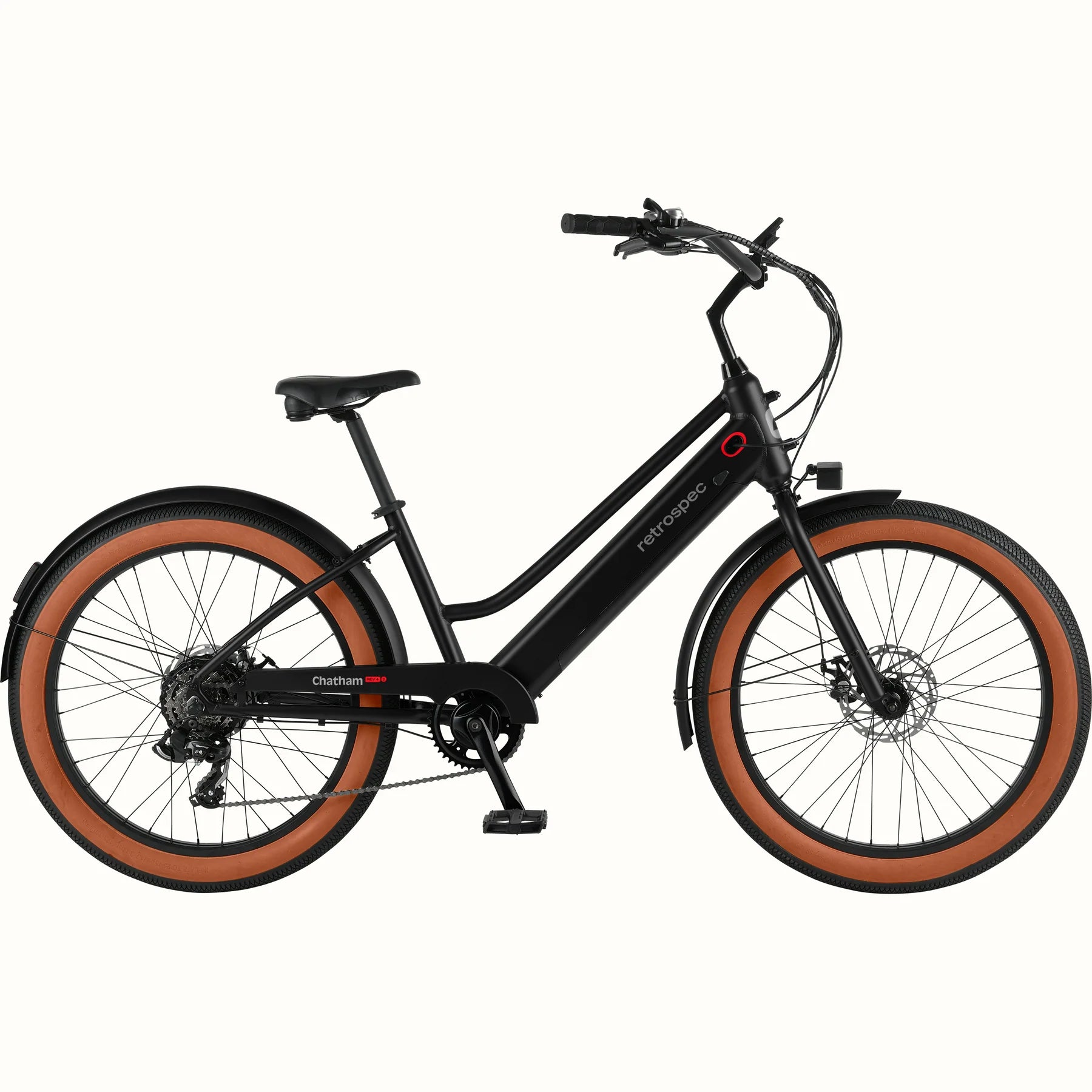 Matte black Retrospec Chatham Rev Plus 2 step-through eBike, side view, against a plain background