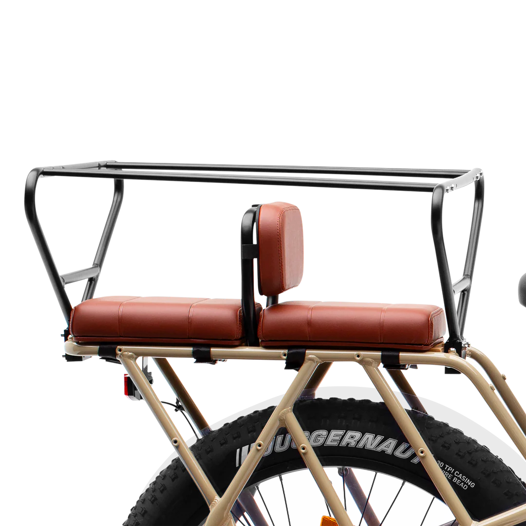 A Murf eBike equipped with a black cargo backrest accessory, shown mounted on the rear rack for added passenger comfort.