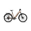 Aventon Level 4 REC Step-Thru electric bike in sandstone color, side view, displayed on a white background.