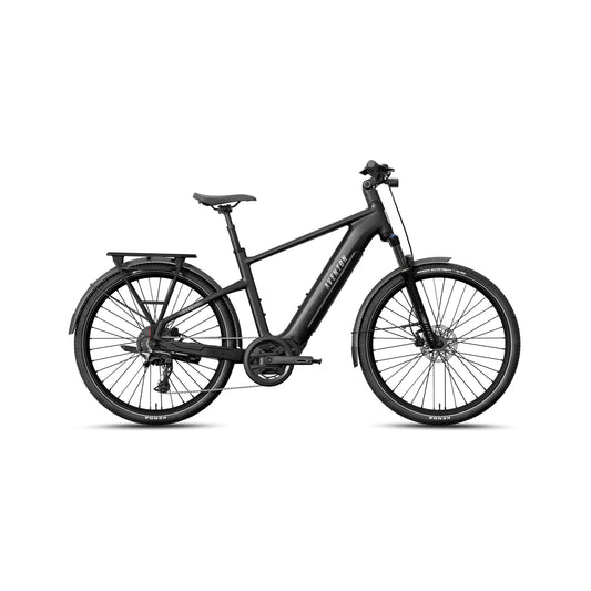 Aventon Level 4 ADV electric bike, step-over frame, matte black color, side view on a white background