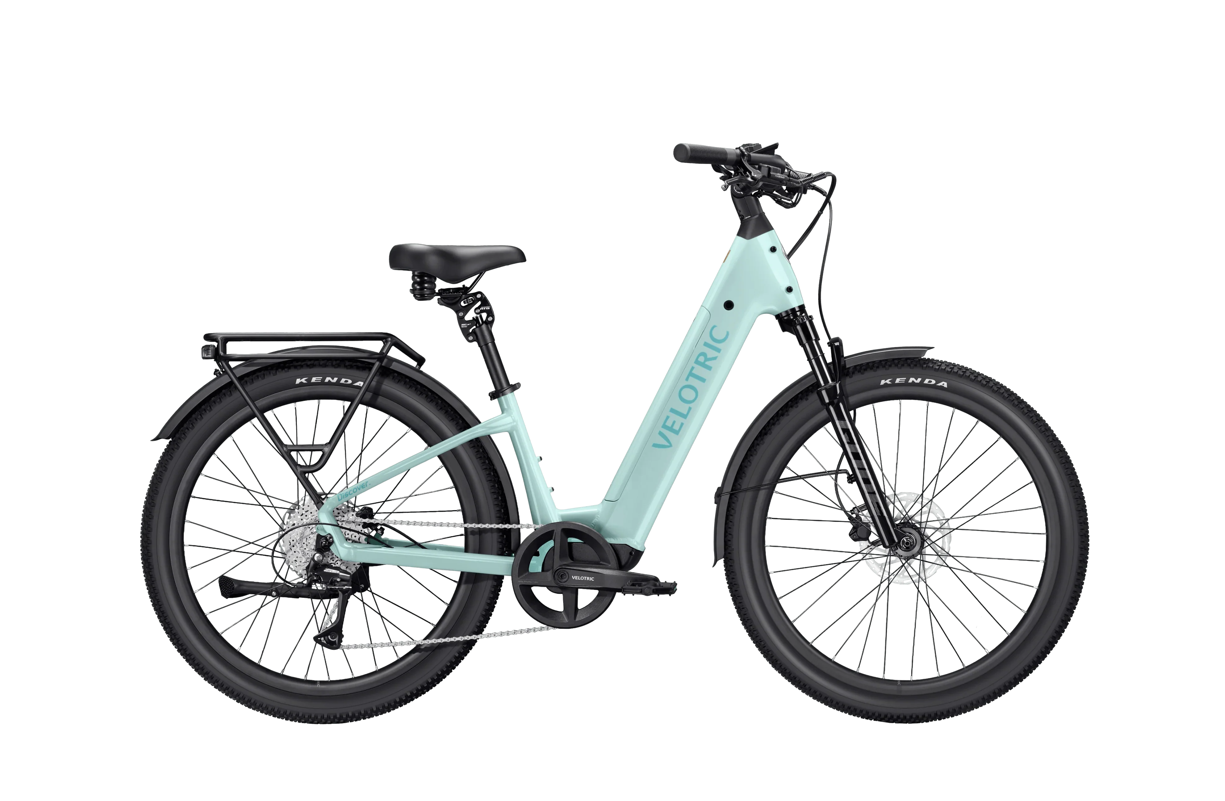 Velotric Discover 3 eBike in mint color, regular size, shown in its box with packaging materials