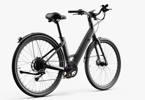 Side view of the Urtopia Carbon Classic Step Thru eBike in matte black, showcasing its lightweight carbon frame, step-through design, and sleek modern appearance.