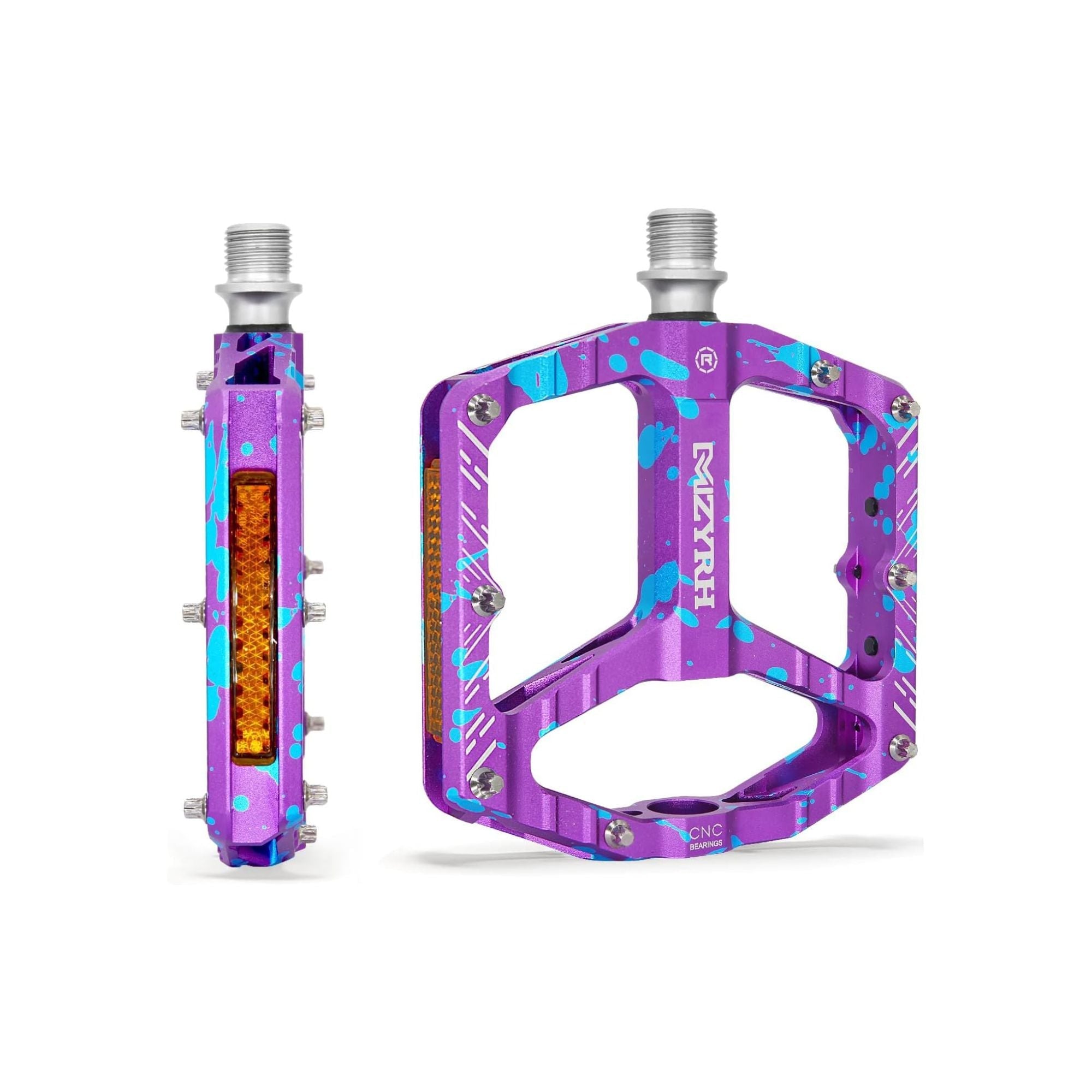 Camouflage purple alloy eBike pedals with a textured surface, shown in a product image on a purple background.