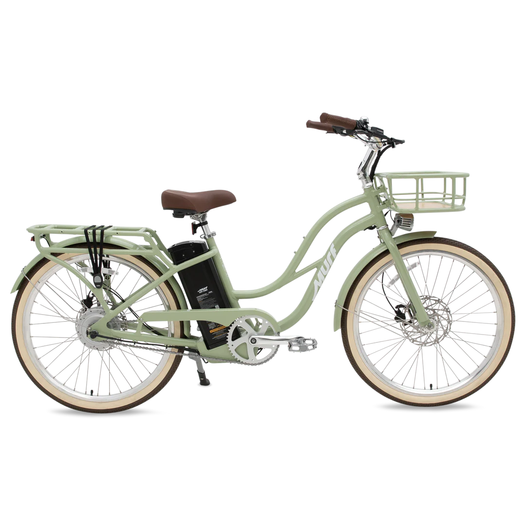Sage green Murf Gigi 2.0 electric bike side view with step-through frame, wide tires, and rear rack.