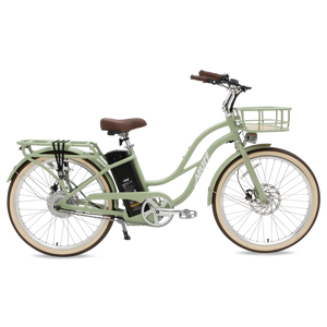 Sage green Murf Gigi 2.0 electric bike side view with step-through frame, wide tires, and rear rack.