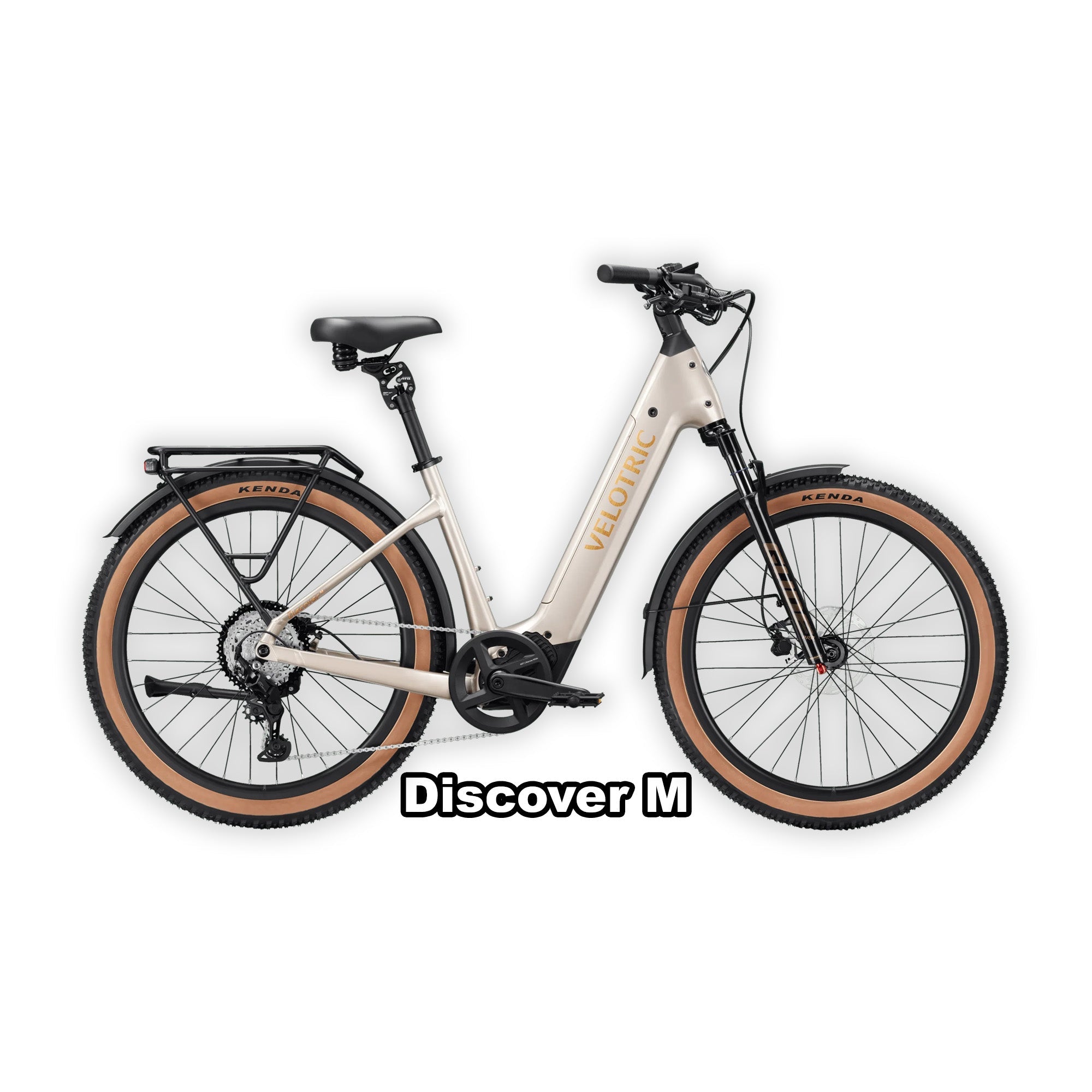 Platinum silver Velotric Discover M eBike in regular size, shown in its original box packaging.