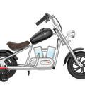 Black eMOTO Hyper Gogo Challenger 12 Plus electric bike with training wheels, shown in side view; features app connectivity.
