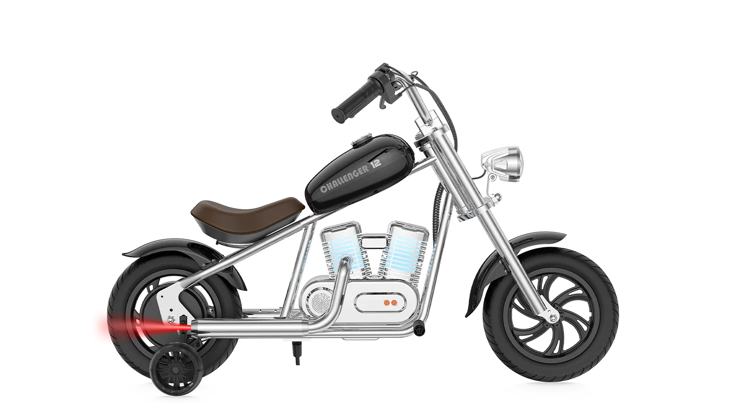 Black eMOTO Hyper Gogo Challenger 12 Plus electric bike with training wheels, shown in side view; features app connectivity.