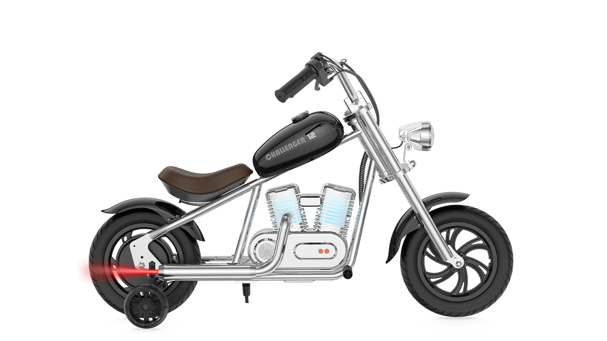 Black eMOTO Hyper Gogo Challenger 12 Plus electric bike with training wheels, shown in side view; features app connectivity.