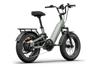 Side view of the Himiway D5 2.0 20" eBike in Sage color, showcasing its frame, wheels, and battery against a plain background.