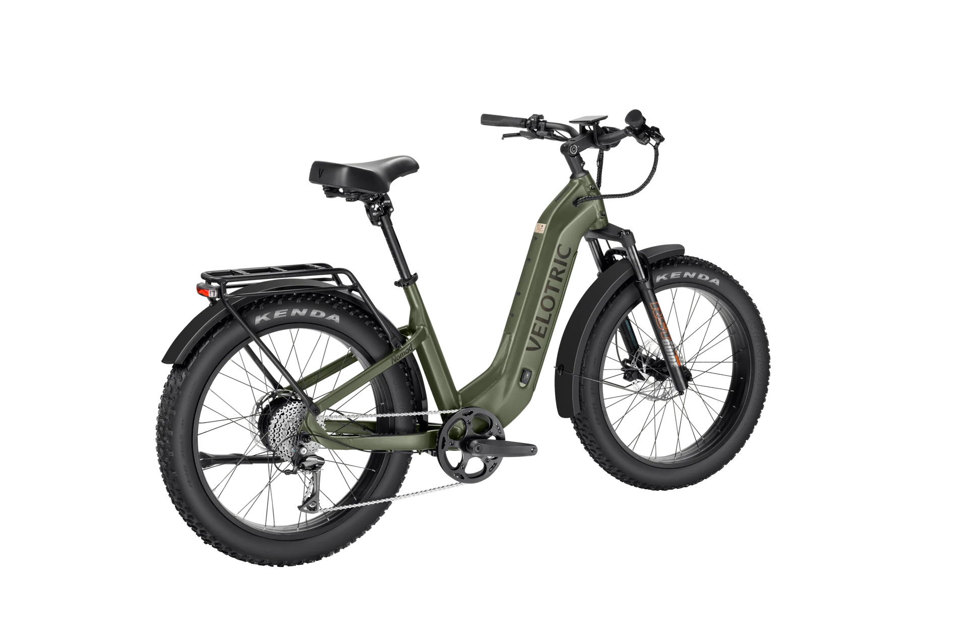 Olive green Velotric Nomad 2 eBike side view with fat tires and rear rack