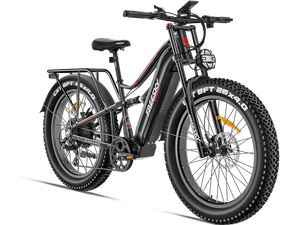 A black Freesky Swift Horse Pro X-6E electric mountain bike with fat tires, front suspension, and a rear rack, displayed on a white background.