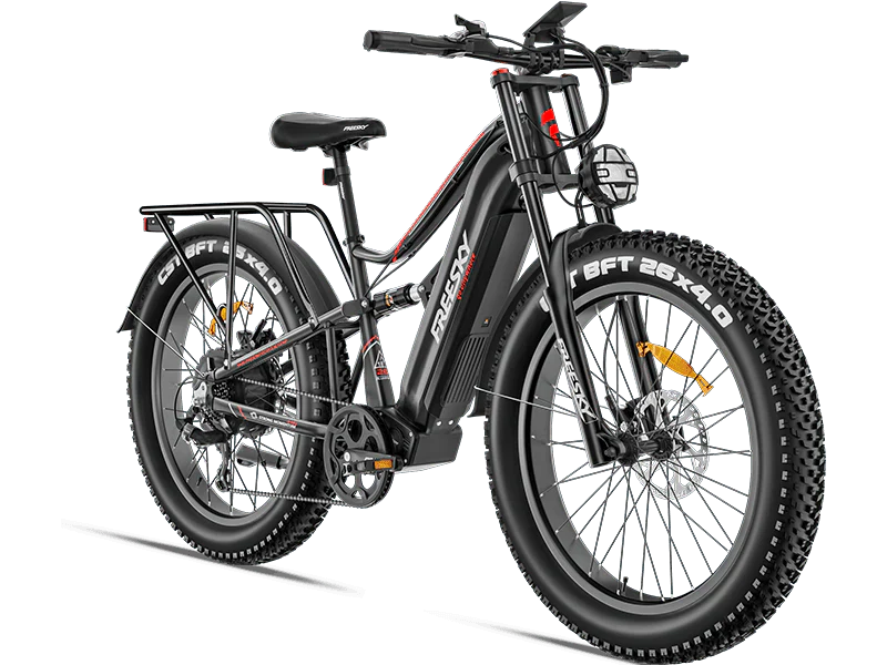 A black Freesky Swift Horse Pro X-6E electric mountain bike with fat tires, front suspension, and a rear rack, displayed on a white background.