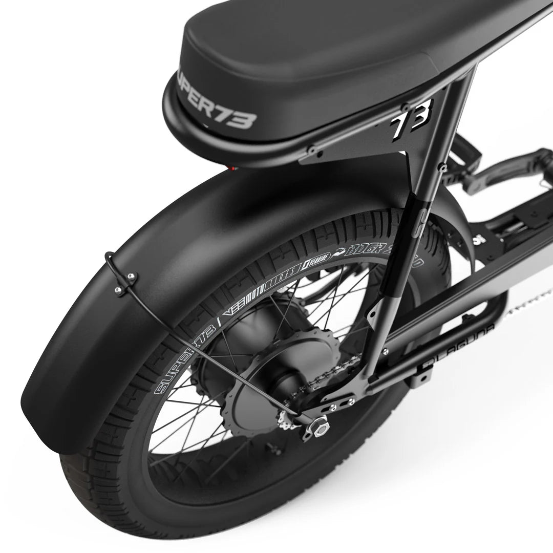 Super73 S2 electric bike in Blackout color, side view, showcasing sleek frame, thick tires, and minimalist design