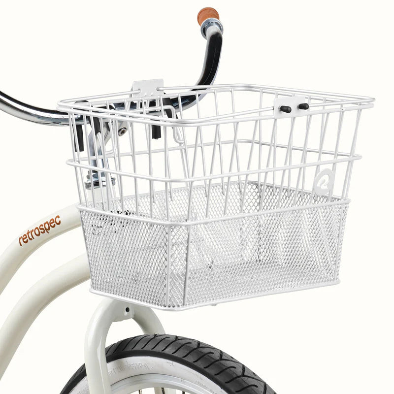 White Retrospec Apollo steel eBike basket attached to a bicycle, product image on a white background.