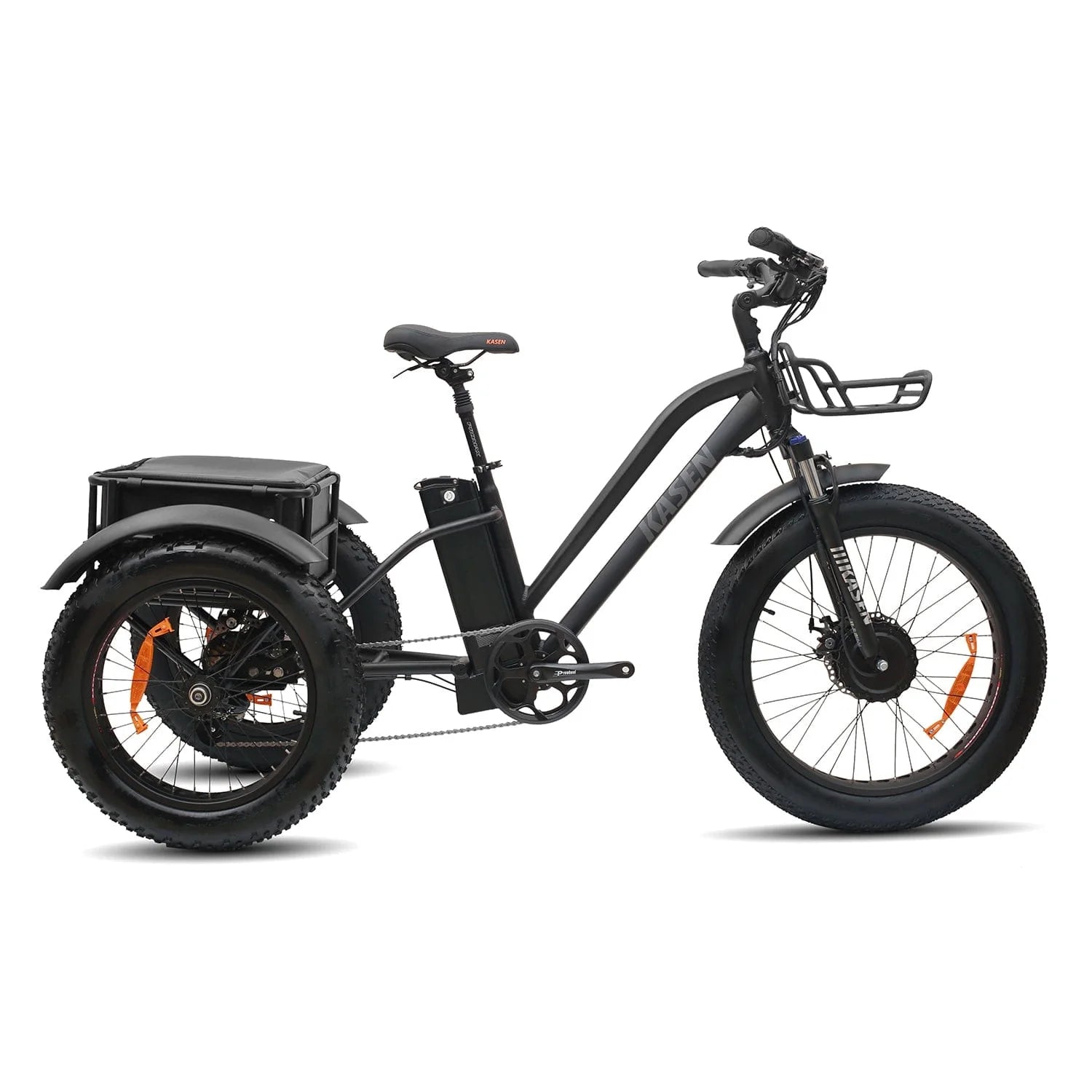 Black Kasen electric trike with three wheels, front basket, and rear cargo rack, shown from a side angle.