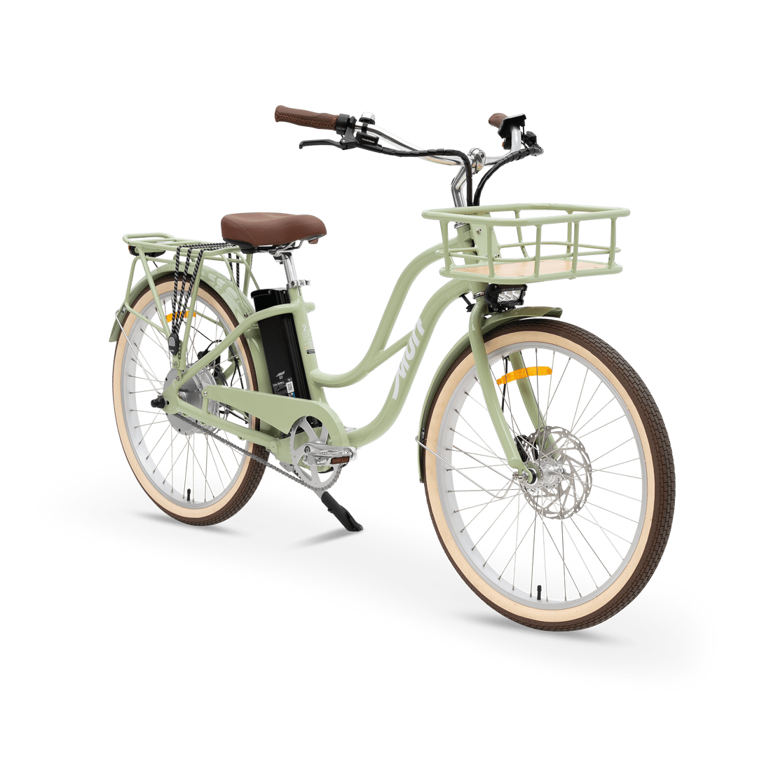 Sage green eBike MURF Gigi Cruiser, side view, product image with "PRE ORDER October 15th" label, model number 8093992