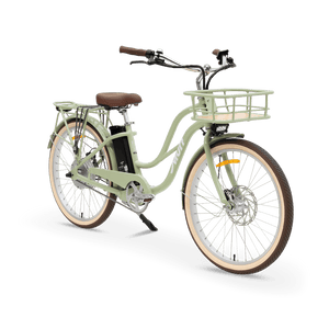 Sage green eBike MURF Gigi Cruiser, side view, product image with "PRE ORDER October 15th" label, model number 8093992